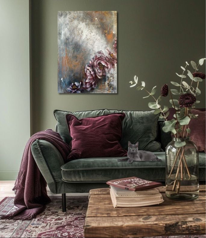 Gallery-wrapped canvas oil painting "Whispers of Time" showcasing intricate brushstrokes and luxurious texture.