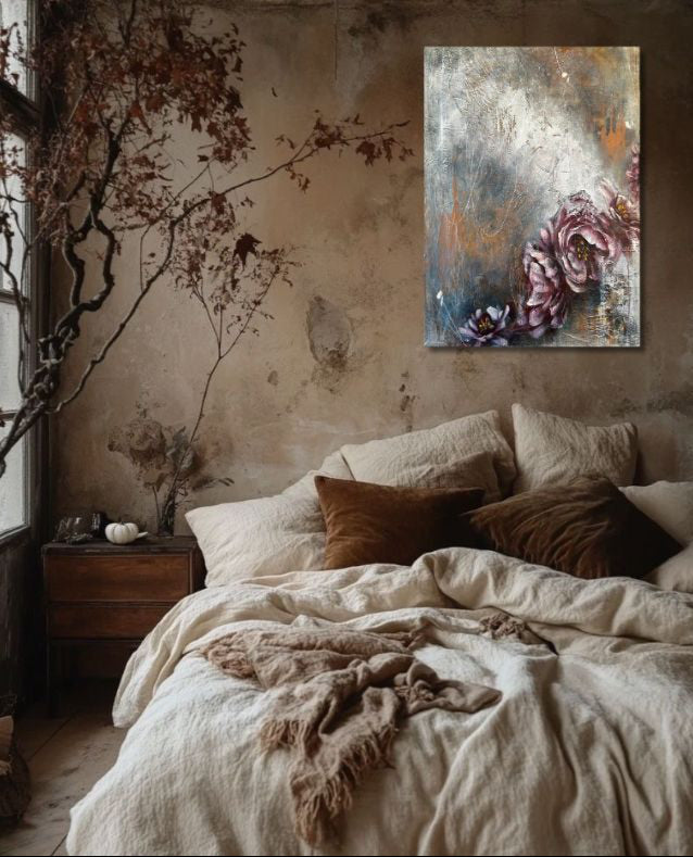 Painting of Delicate rose blooms with golden centers against a rustic, textured surface in shades of gray and rust