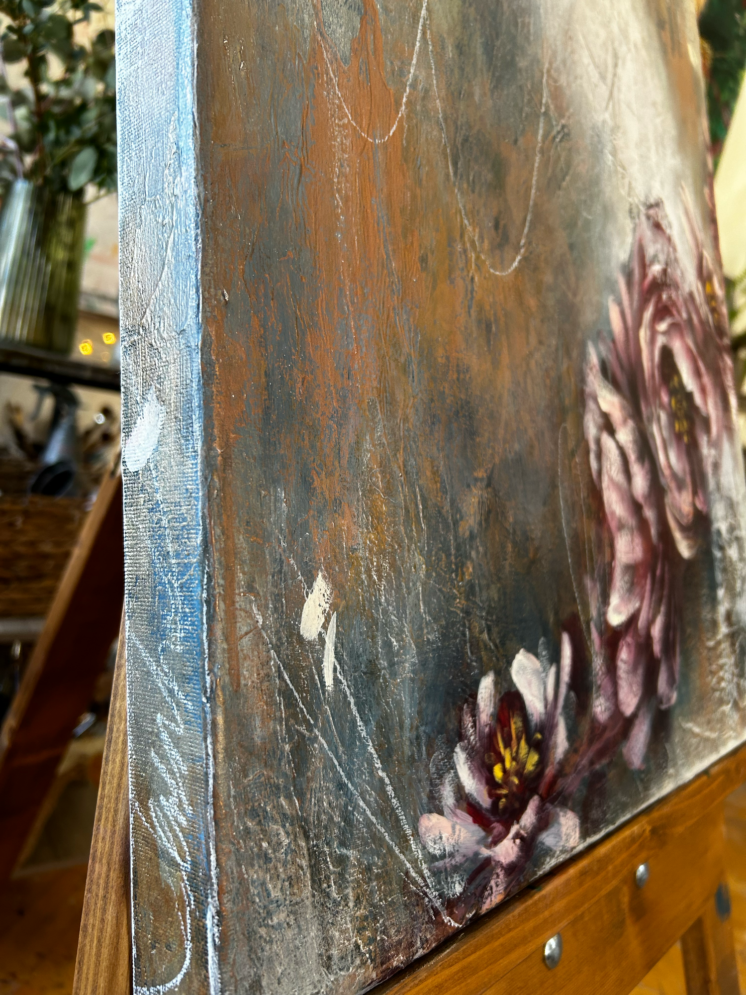 Elegant floral artwork "Whispers of Time" displayed in a modern living room, featuring a blend of soft petals and distressed textures.